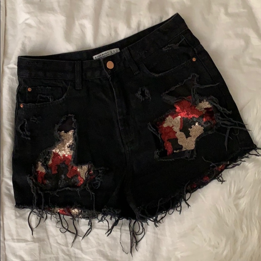 Zara Sequined Denim Shorts